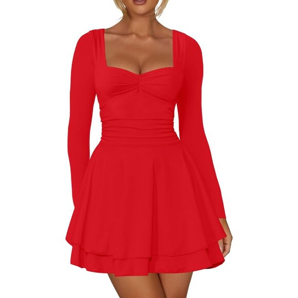 Dresses & Skirts - Women's Red Square Neck Long Sleeves Ruched Ruffle Corset A Line Party Dress